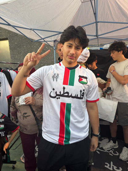 Striped White Football Shirt, Arabic Writing - Regular Fit